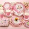 136Pcs Floral Tableware set Tea Party Supplies for 25 Floral Tea Cups with Handle 9” 7” Floral Paper Plates Disposable Flower Cups and Saucers Sets for Garden Birthday Bridal Wedding,Pink